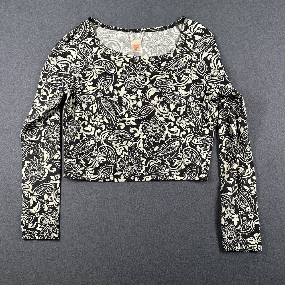 Billabong Crop Top Womens Small Black Ivory Paisley Floral Long Sleeve Surf Swim
